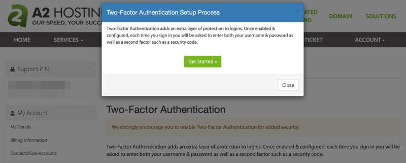 The A2 Hosting Two-Factor Authentication Setup Process popup window.