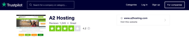 A2 Hosting's Trustpilot rating. 