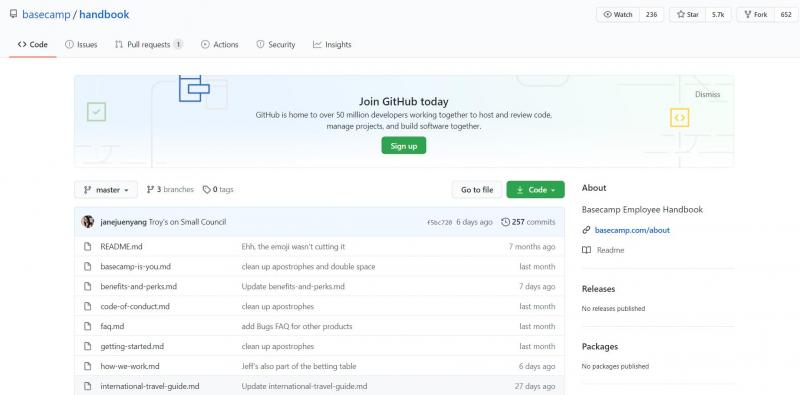 Basecamp's public handook on GitHub.