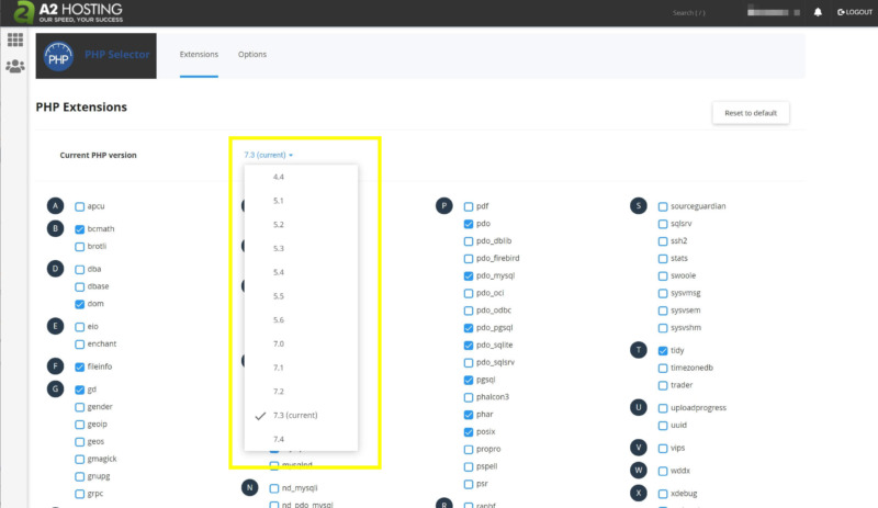 The menu to select the version of PHP used on your site.