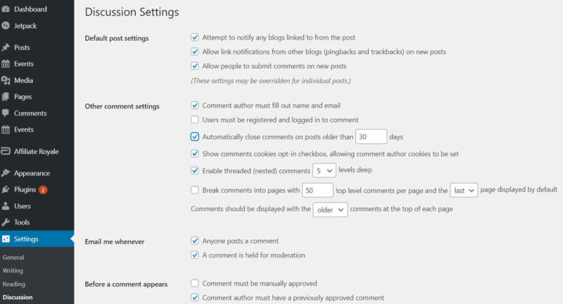 WordPress' comments settings.