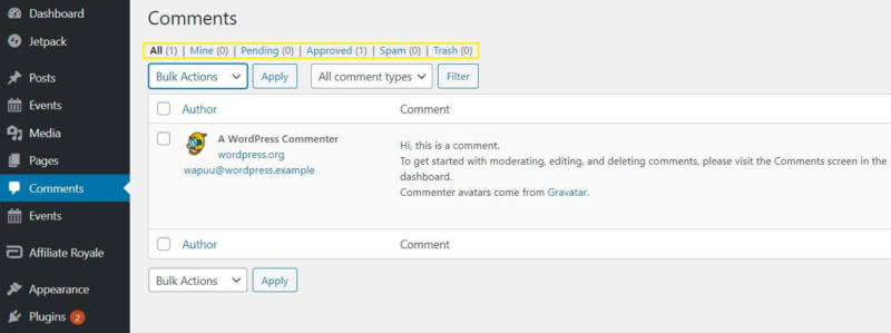 The navigation links for the WordPress Comments screen.