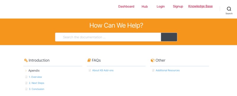 A knowledge base, created using a WordPress plugin.