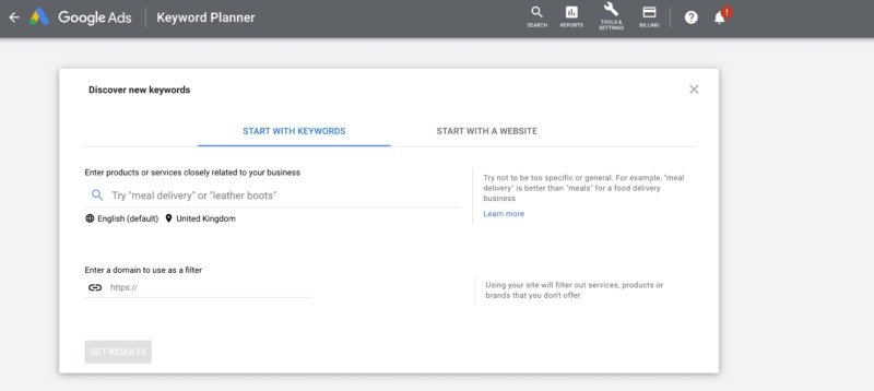 The Google Keyword Planner tool.