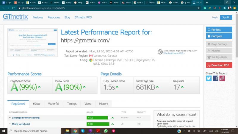 GTmetrix page speed test results.