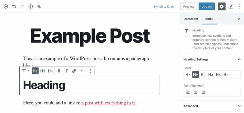 A WordPress Heading block.