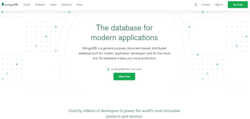 A landing page for MongoDB.