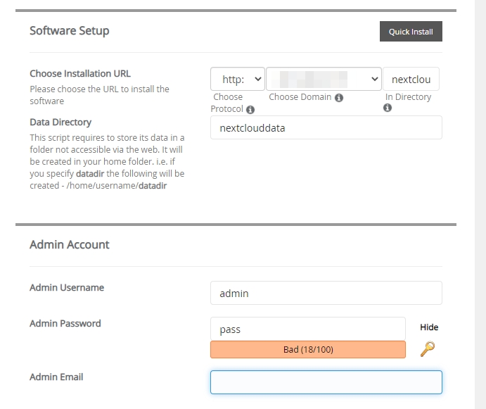 The NextCloud admin screen.