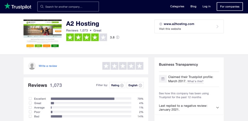 The A2 Hosting TrustPilot review page.