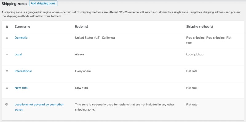 WooCommerce shipping zone settings.