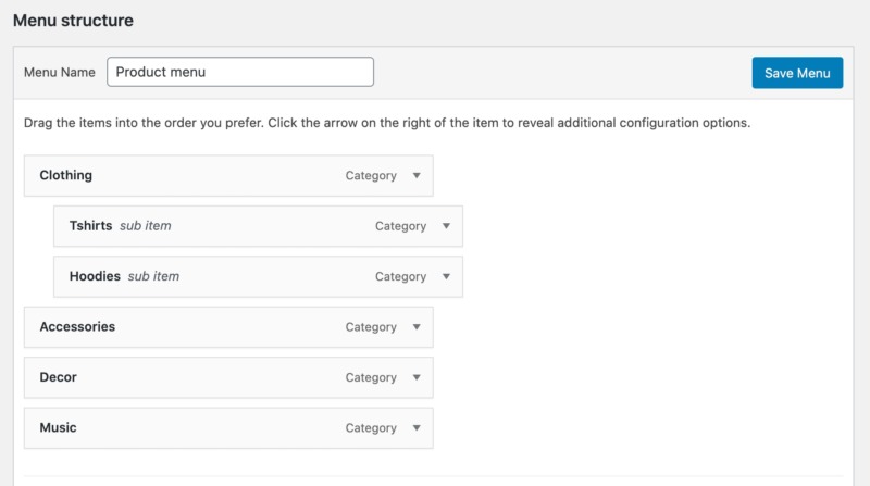 Creating a e-commerce product menu, in WordPress.