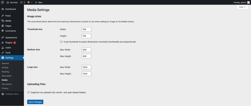 The WordPress media settings.