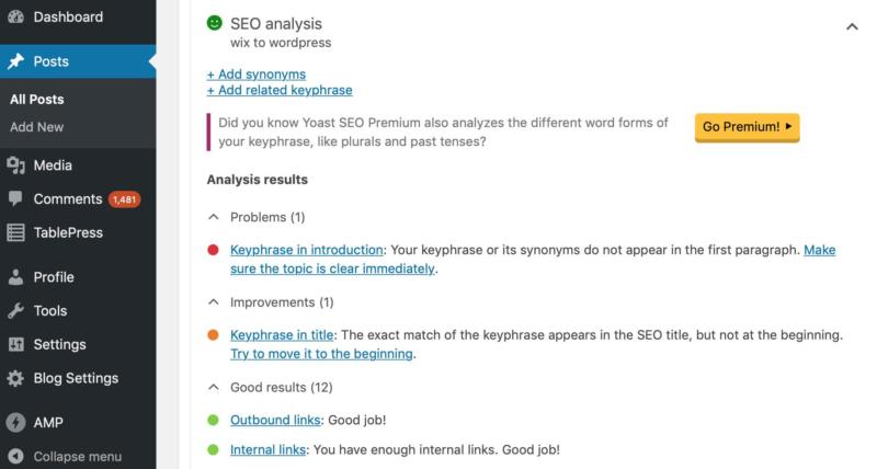 An SEO analysis from Yoast in the WordPress admin. 