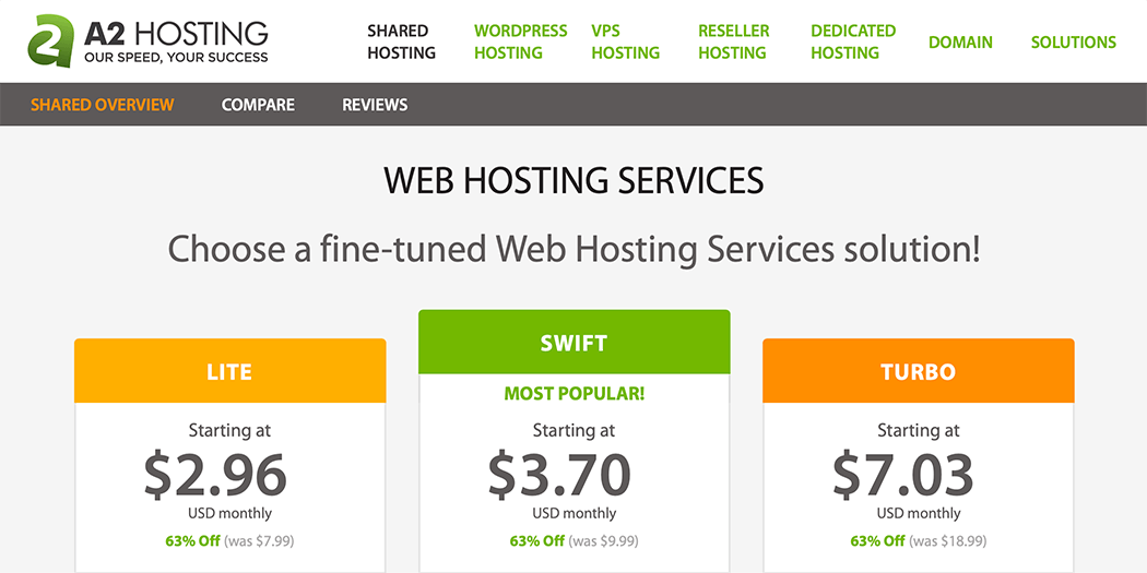 A2 Hosting shared plans.