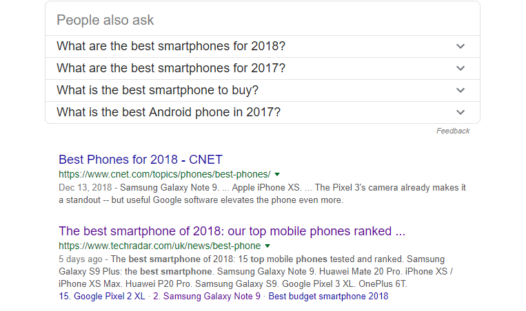 A Google search for the best smartphones.