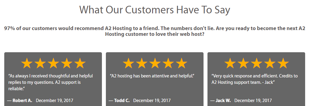 Several A2 Hosting client testimonials.