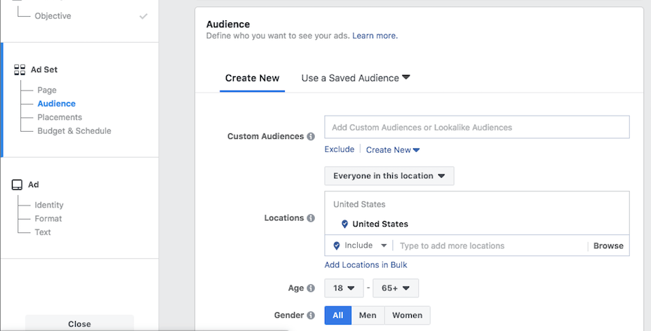 Defining an audience for your Facebook ads.