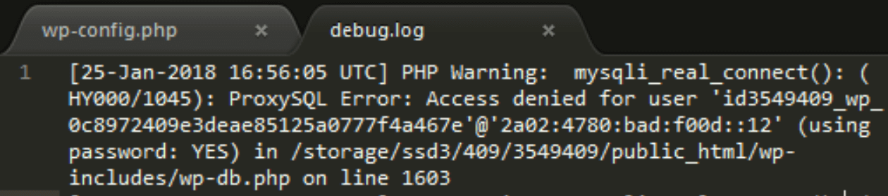 What an error log looks like for a database connection error.