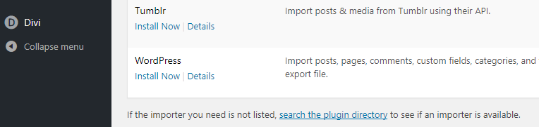 Installing the WordPress importer.