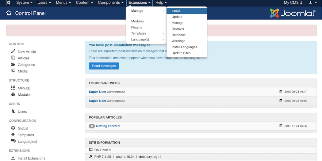 Installing a Joomla extension in the dashboard.