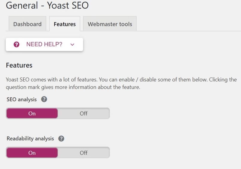 The Features section int he Yoast settings.